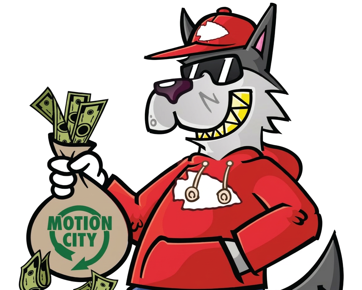 Motion City wolf mascot holding a money bag